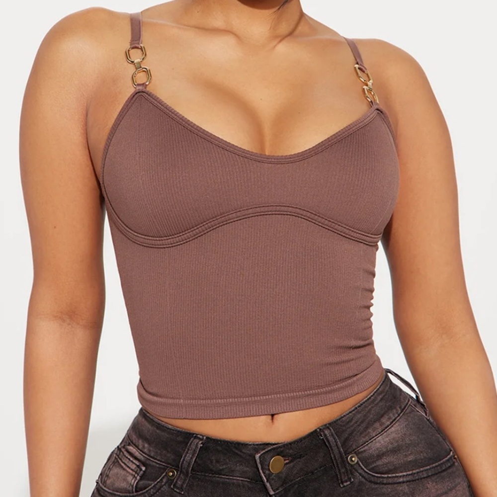 Ribbed Brown Cami Crop Top with Adjustable Straps
